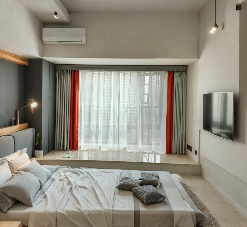 Grey curtain box for concealed curtain track